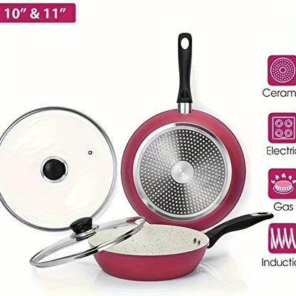 Pink Nonstick Pan Set with Lids Aluminum Frying Pan Sets 10"+11"