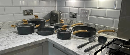 Black Granite Pots and Pans Set Academy Induction 17 Piece Non-stick