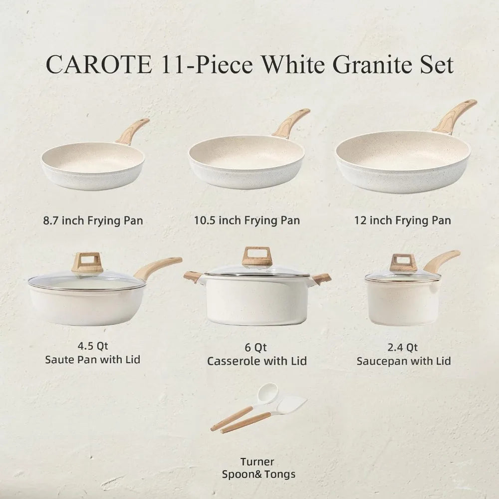 Nonstick Cookware Sets White Granite Induction CAROTE 21Pcs