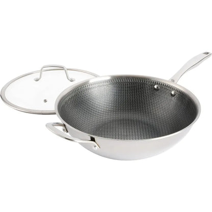 Stainless Steel PFOA Free Nonstick Wok Pan W/Lid Elite Luke Hybrid 12" Tri-Ply