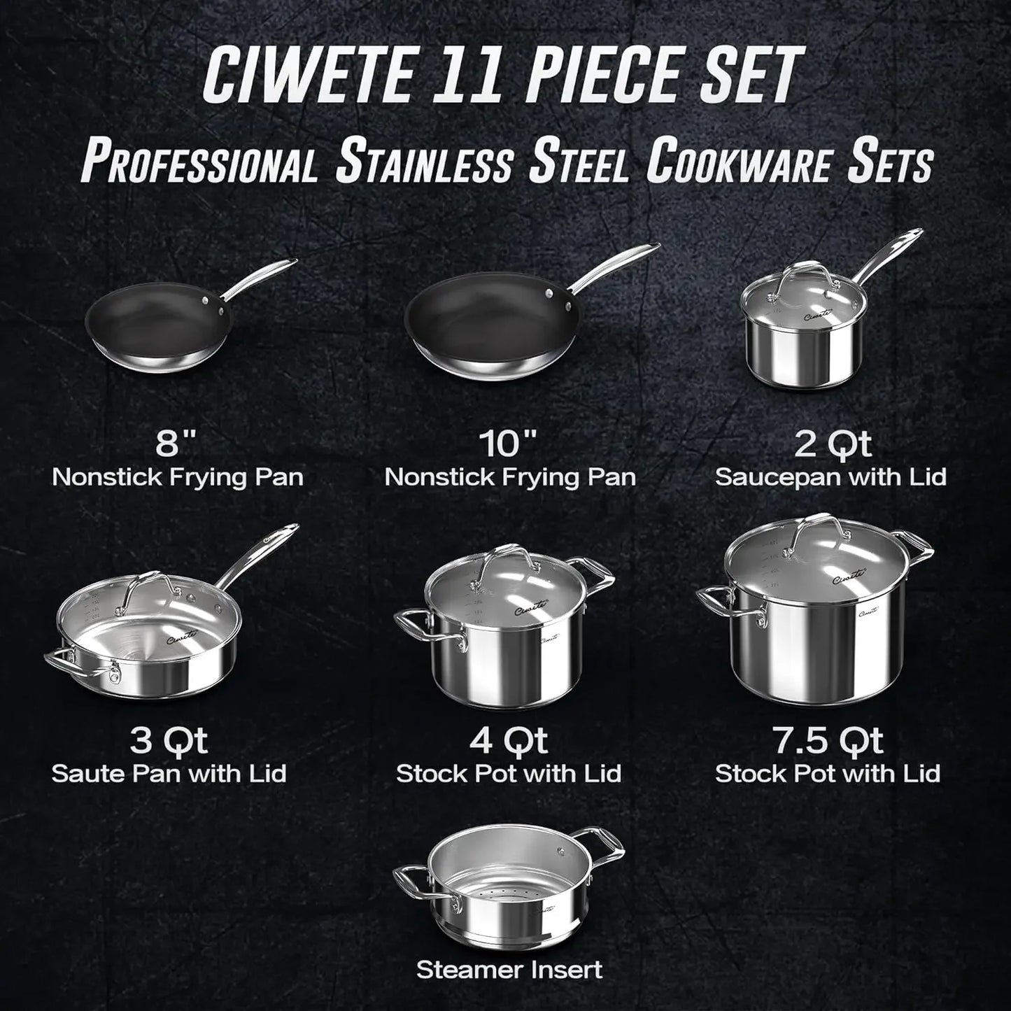 Stainless Steel Nonstick Pots and Pans Set  11PC Triple Ply