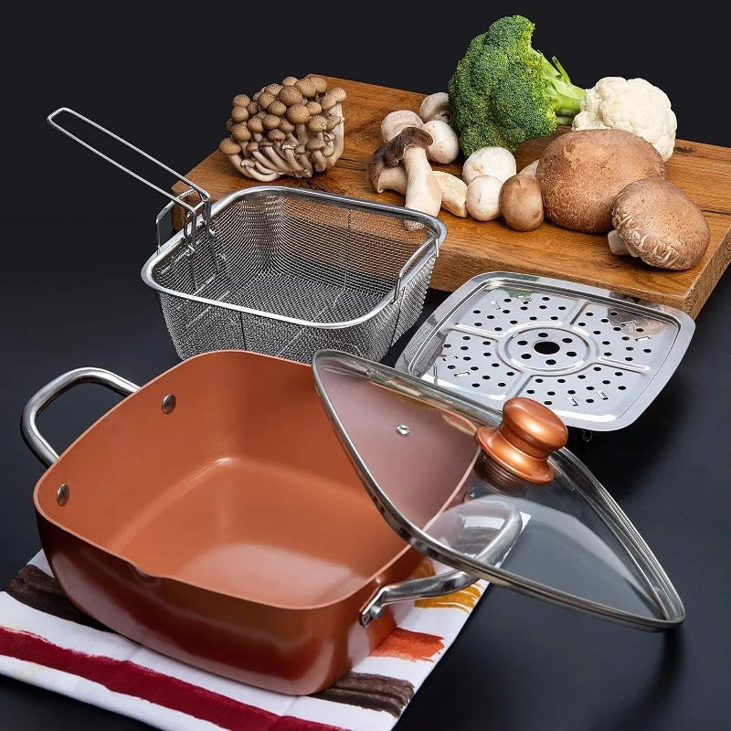 Non Stick Pan Deep Square Pan 5 Quart Copper Pot Set