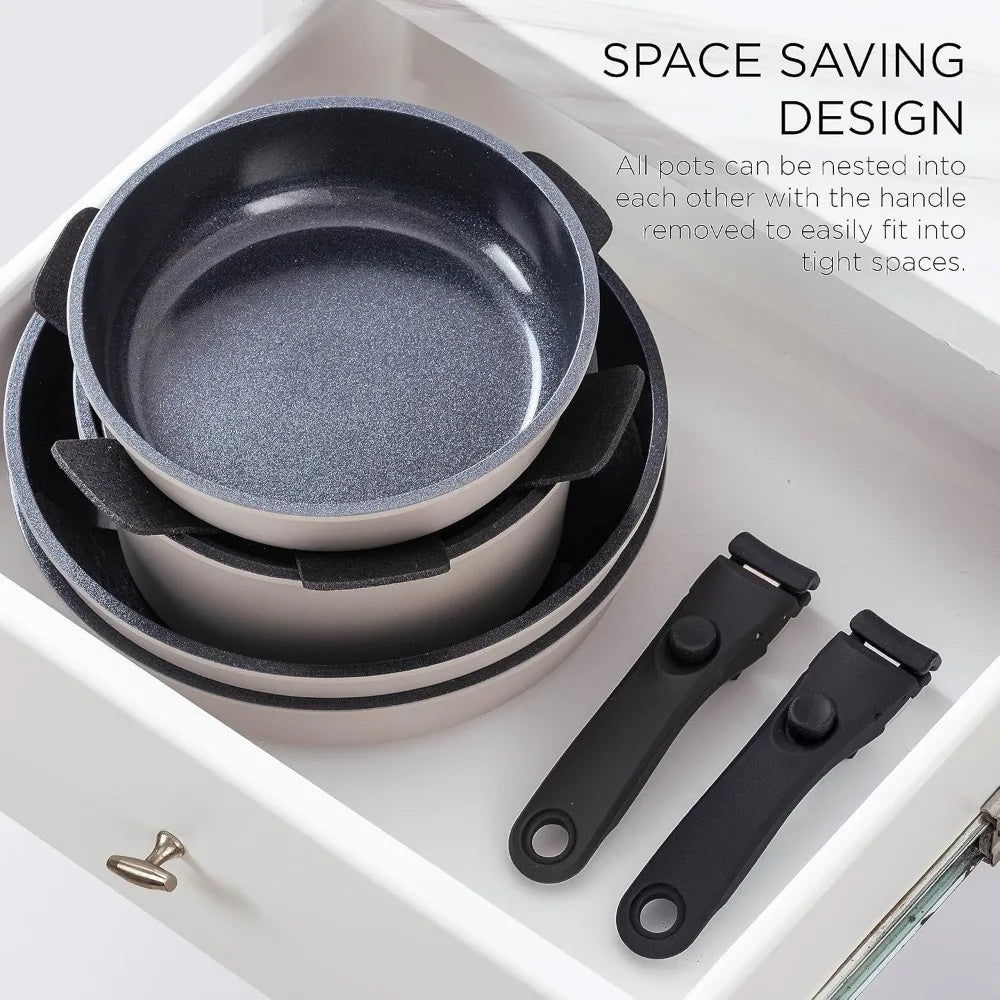 Ceramic Nonstick Kitchen Cookware with Soft Touch Removable Handle 16 Piece