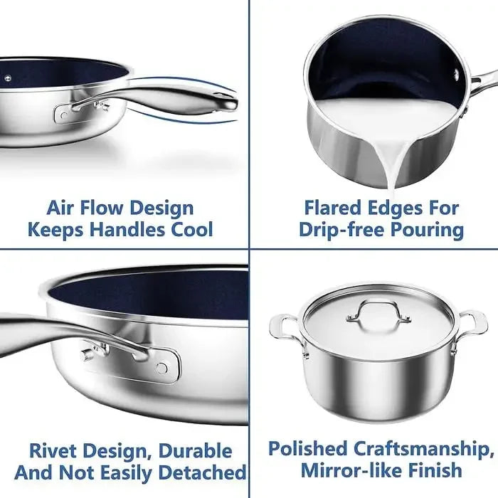 Healthy Duralon Blue Non-Stick 9pc Stainless Steel Cookware Set Nuwave Pro-Smart