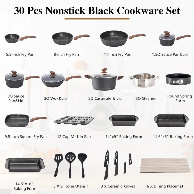 Kitchen Cookware 30 Piece Nonstick Pots and Pans Set