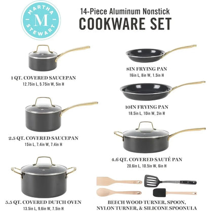 Premium Non-Stick Heavy-Gauge Aluminum Cookware Combo Set Martha Stewart Lockton 14 Piece