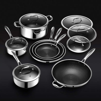 Hybrid Cookware Set W/ Lids Stainless Steel Nonstick Coating Fry Pan 13 Pc HexClad