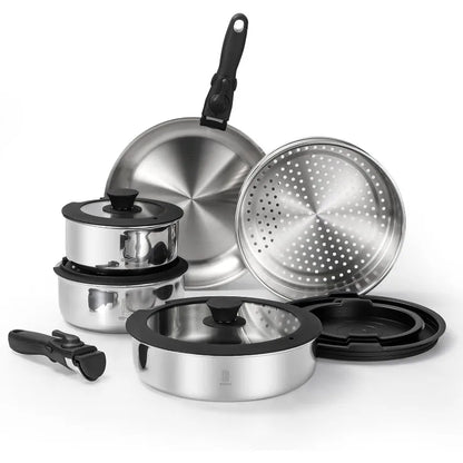 Pots and Pans Set 20 Piece Stainless Steel Kitchen Removable Handle Cookware Set