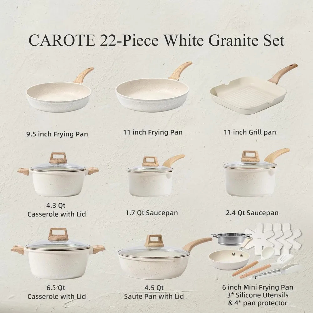 Nonstick Cookware Sets White Granite Induction CAROTE 21Pcs