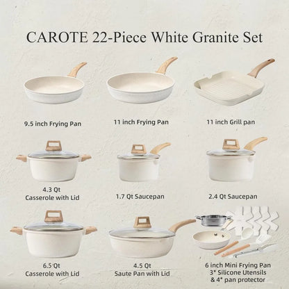 Nonstick Cookware Sets White Granite Induction CAROTE 21Pcs