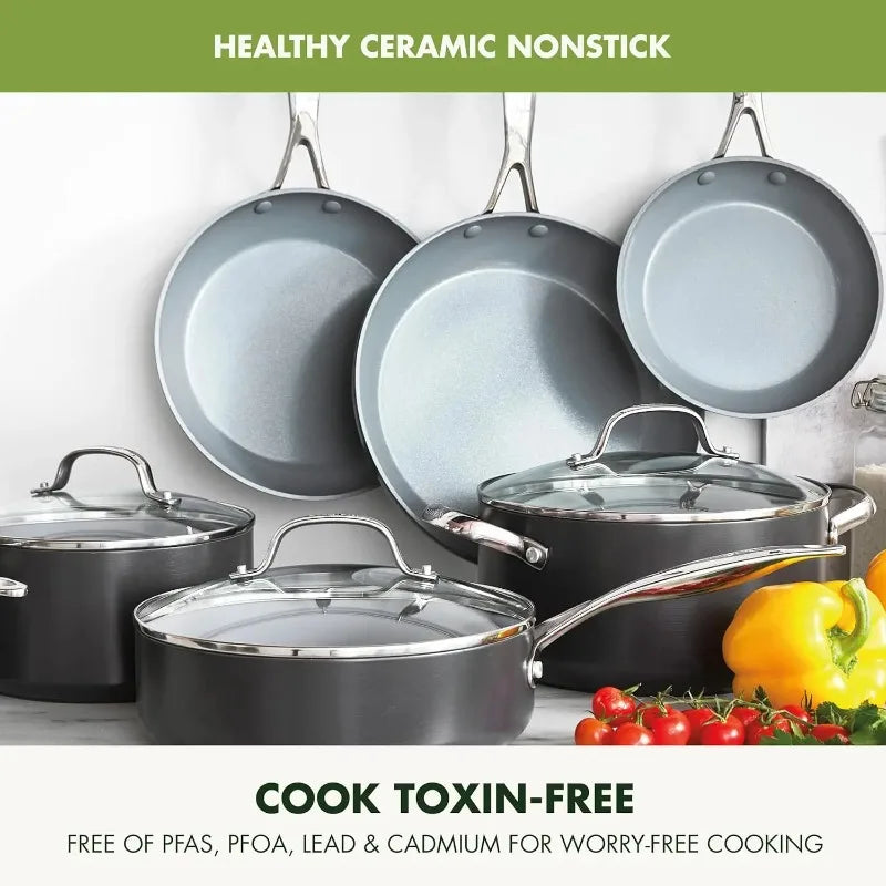 Hard Anodized Healthy Ceramic Nonstick 11 Piece Induction, Dishwasher Safe, Oven Safe