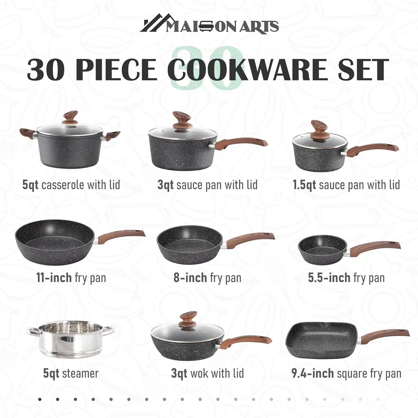 Kitchen Cookware & Bakeware Sets with Nonstick Granite Coating 30-Piece