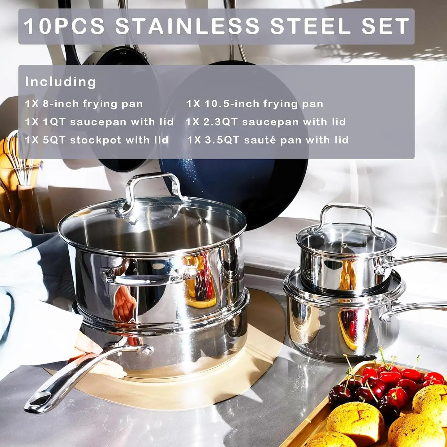 Ceramic Nonstick 10 pcs Stainless Steel Pots and Pans Set