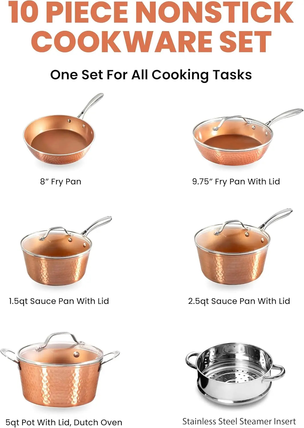 Hammered Copper 10 Pc Pots and Pans Set Non Stick Cookware Sets