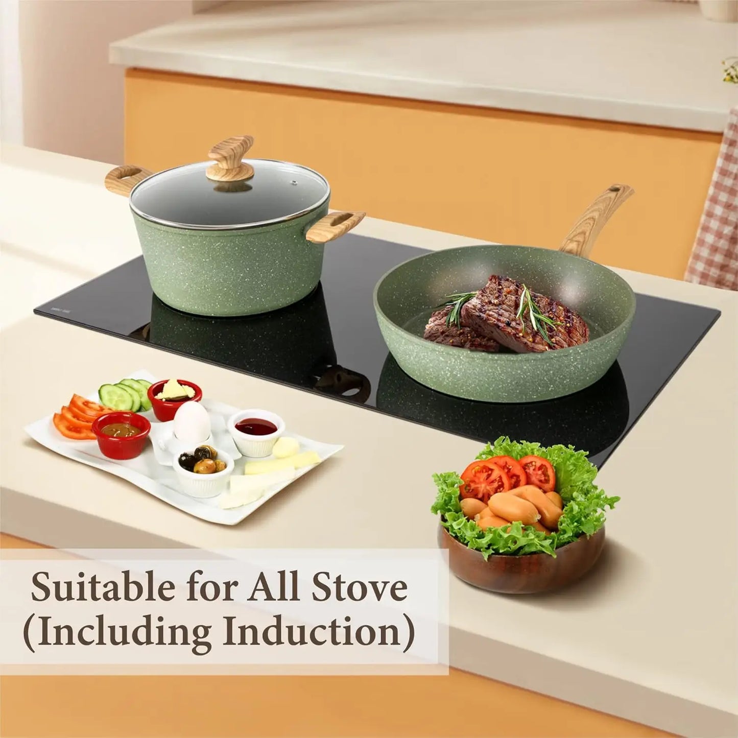 Green Granite Pots and Pans Set Nonstick Cooking Pans Set 17 Pieces Induction Cookware Set