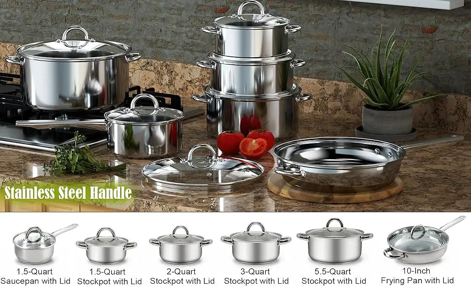 Kitchen Cookware Set 12-Piece Basic Stainless Steel Pots and Pans Silver