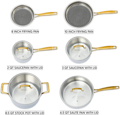 Tri-Ply Stainless Steel Mirror Polish Finish Induction Compatible Country Kitchen Cookware Sets 10 Pc