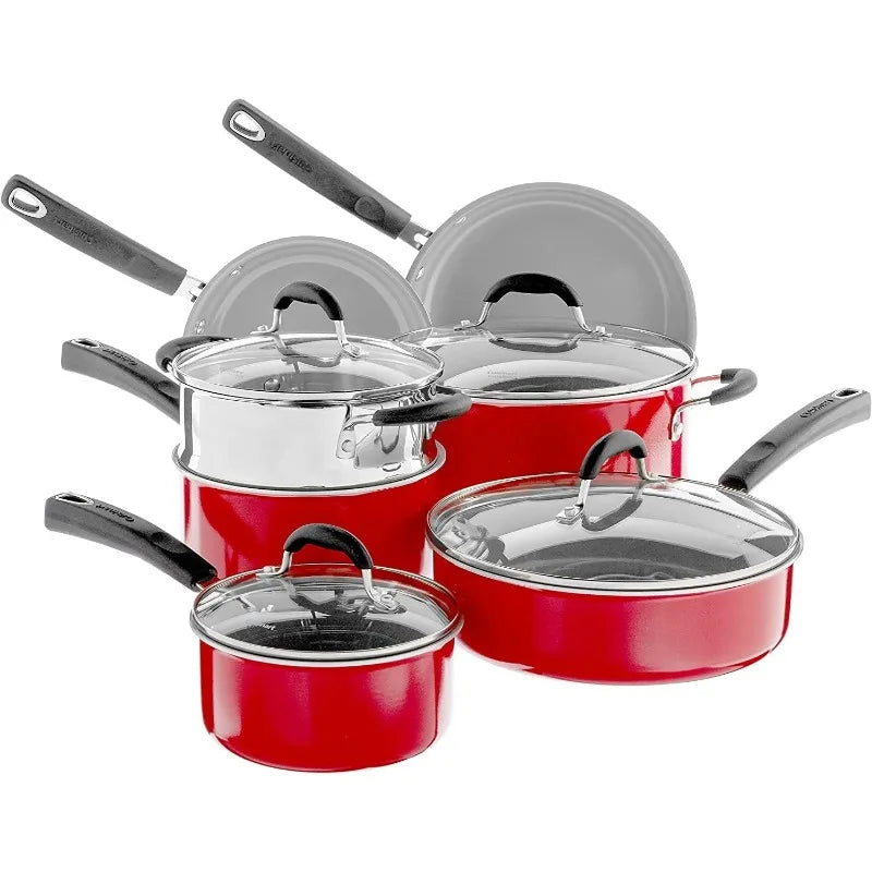 Ceramic XT Nonstick Cookware Set Red/Stainless Steel Cuisinart 11-Piece