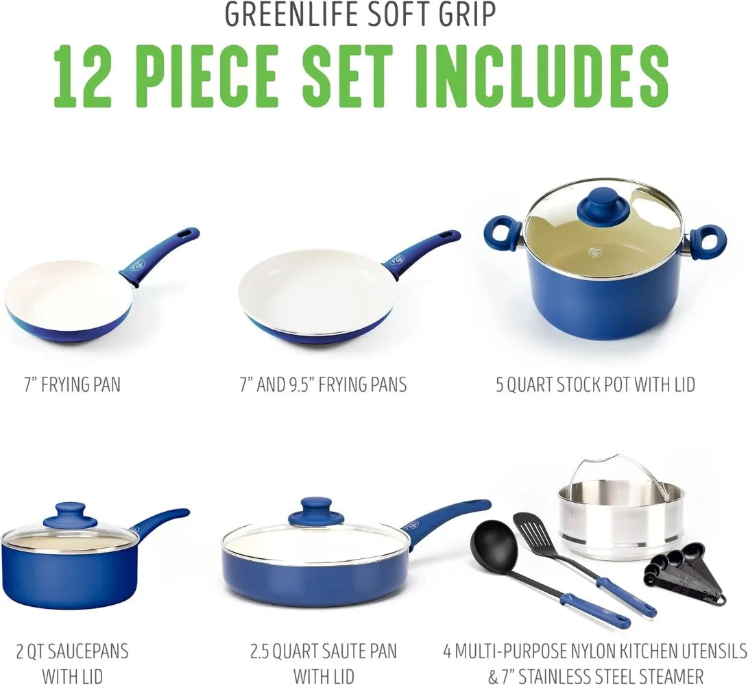 Ceramic Nonstick 12 Piece Cookware Pots and Pans Set Blue