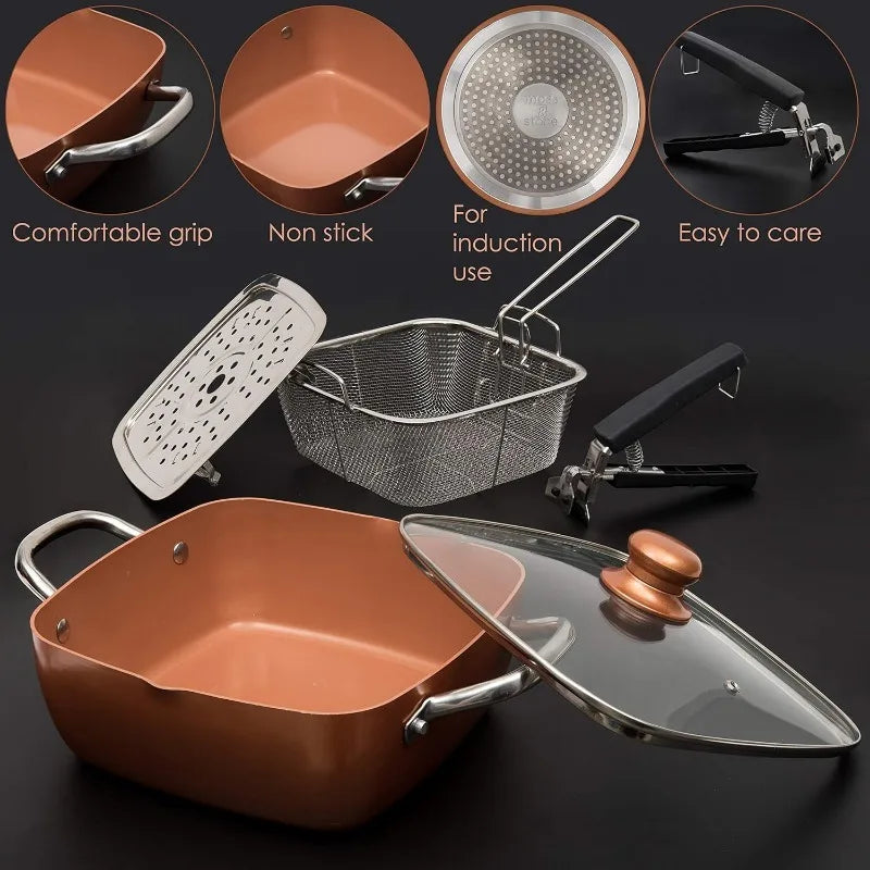 Non Stick Pan Deep Square Pan 5 Quart Copper Pot Set