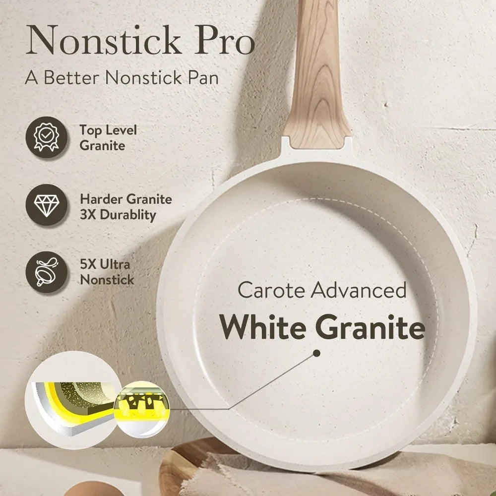 Nonstick Cookware Sets White Granite Induction CAROTE 21Pcs