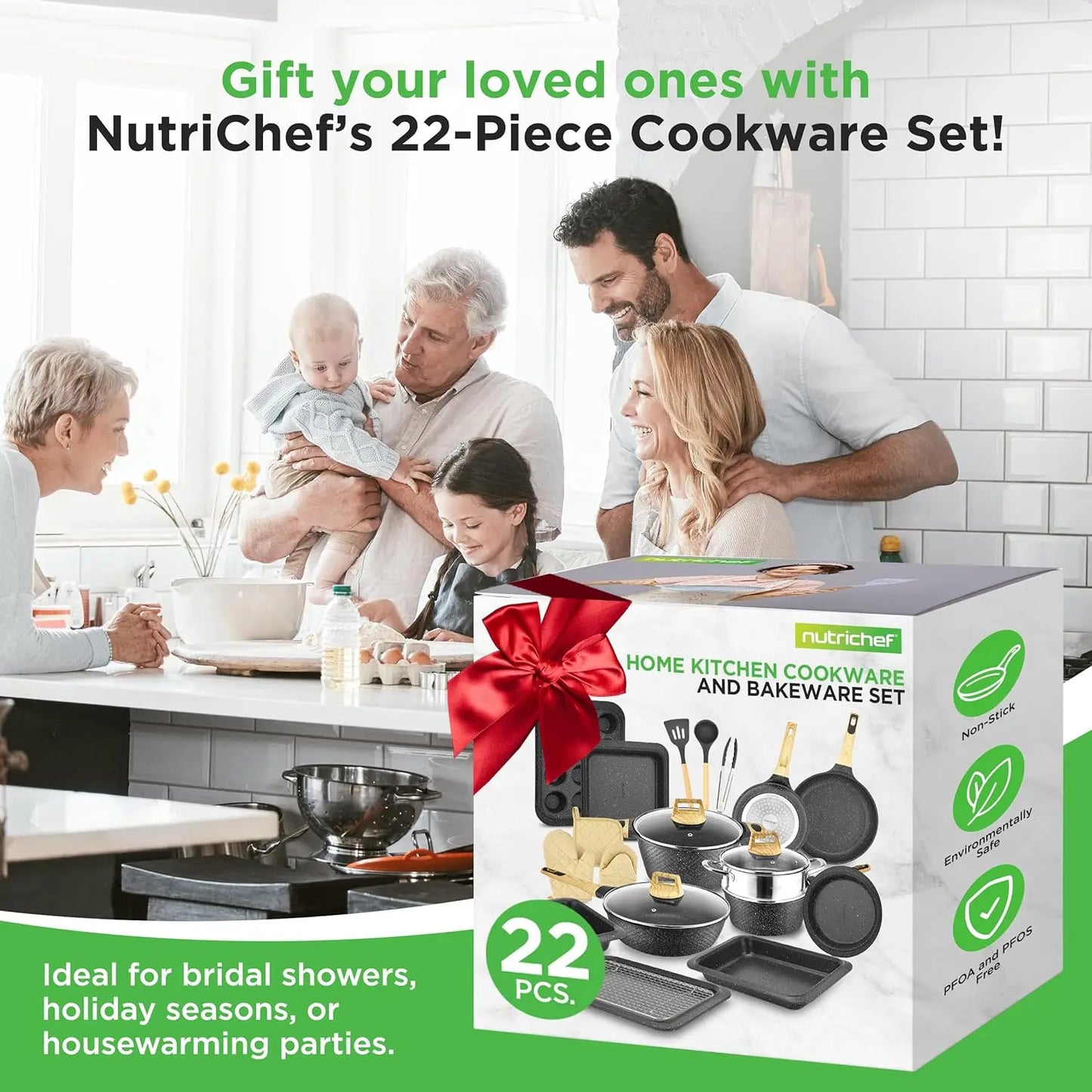 Cookware and Bakeware Set  Professional Home Kitchen Collection with Multi-Sized Pots Pans Nutrichef 22-Piece