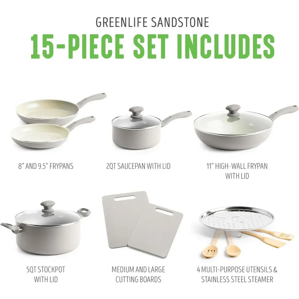 Ceramic Nonstick 15 Piece Kitchen Cookware Set Gray