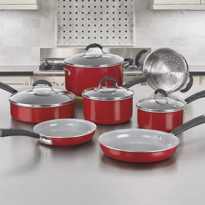 Ceramic XT Nonstick Cookware Set Red/Stainless Steel Cuisinart 11-Piece